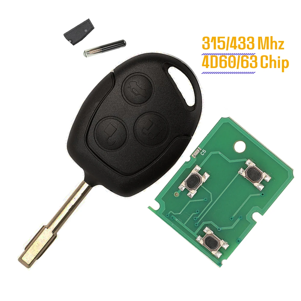 

jingyuqin New Full Remote Car Key For Ford Mondeo Focus Fusion Fiesta Galaxy Transit 3 Buttons Fob 315/433MHz 4D60 ID63 Chip