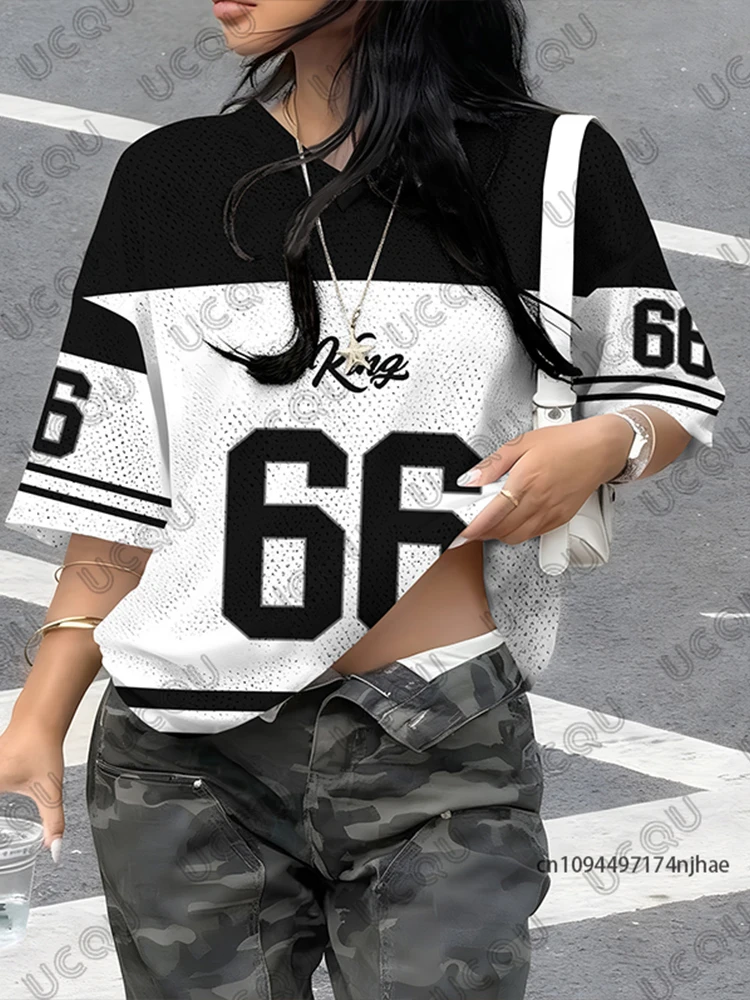 2026 Neues Letter King 66 Print T-Shirt für Damen – Sommerliches V-Ausschnitt Patchwork Kurzarm Sport-Fußballtrikot Y2K Oversized Oberteil – Detail 9