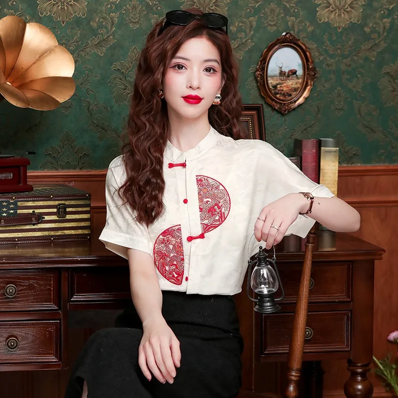 Chiffon Embroidery Women's Shirt Summer Flower Chinese Style Blouses Loose Short Sleeve Women Tops Fashion Clothing