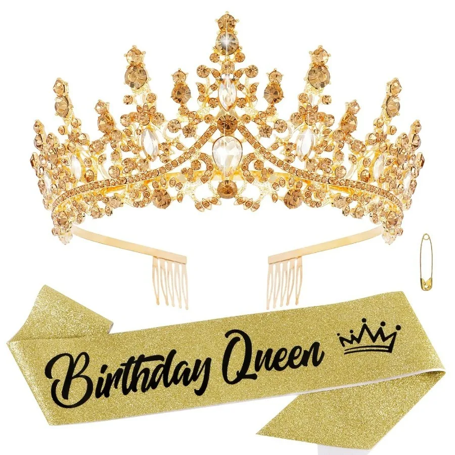 Barocke Strass-Geburtstagsköniginnen-Schärpe mit Krone, Tiara und Stirnband, Geburtstags-Schärpe mit Anstecknadel, Happy Birthday Party Dekoration – Detail 16