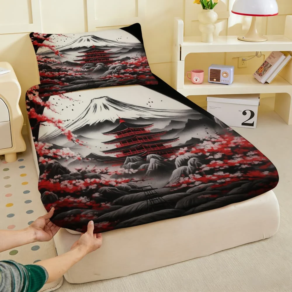 1pc Japanese Mount Fuji Print Fitted Sheet Deep Pocket Elastic Mattress Cover Single Double Queen King Bedroom Decor
