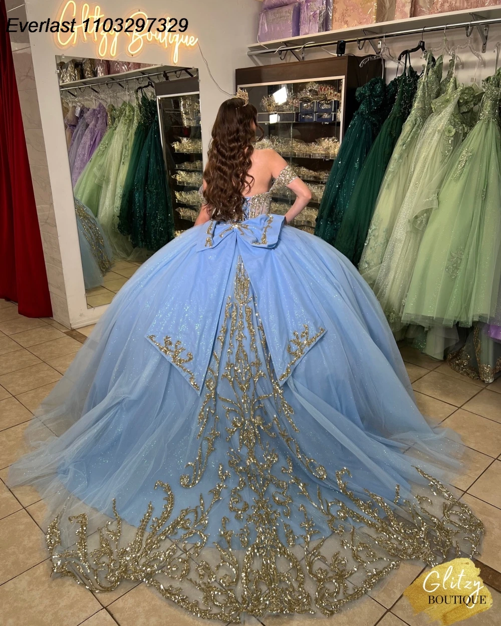 EVLAST-Vestido de Baile Azul Céu Brilhante, Vestido Quinceanera, Aplique Dourado, Arco de Miçolização, Espartilho Mexicano, Doce 16, 15 Anos, TQD968