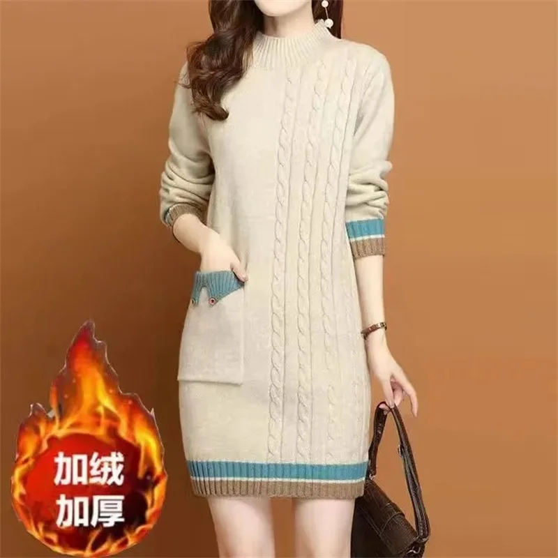 Autumn Women Sweater Pullover 2022 New Color Matching Half Turtleneck Long Knitted Sweater Female Winter Fleece Warm Jumper Tops