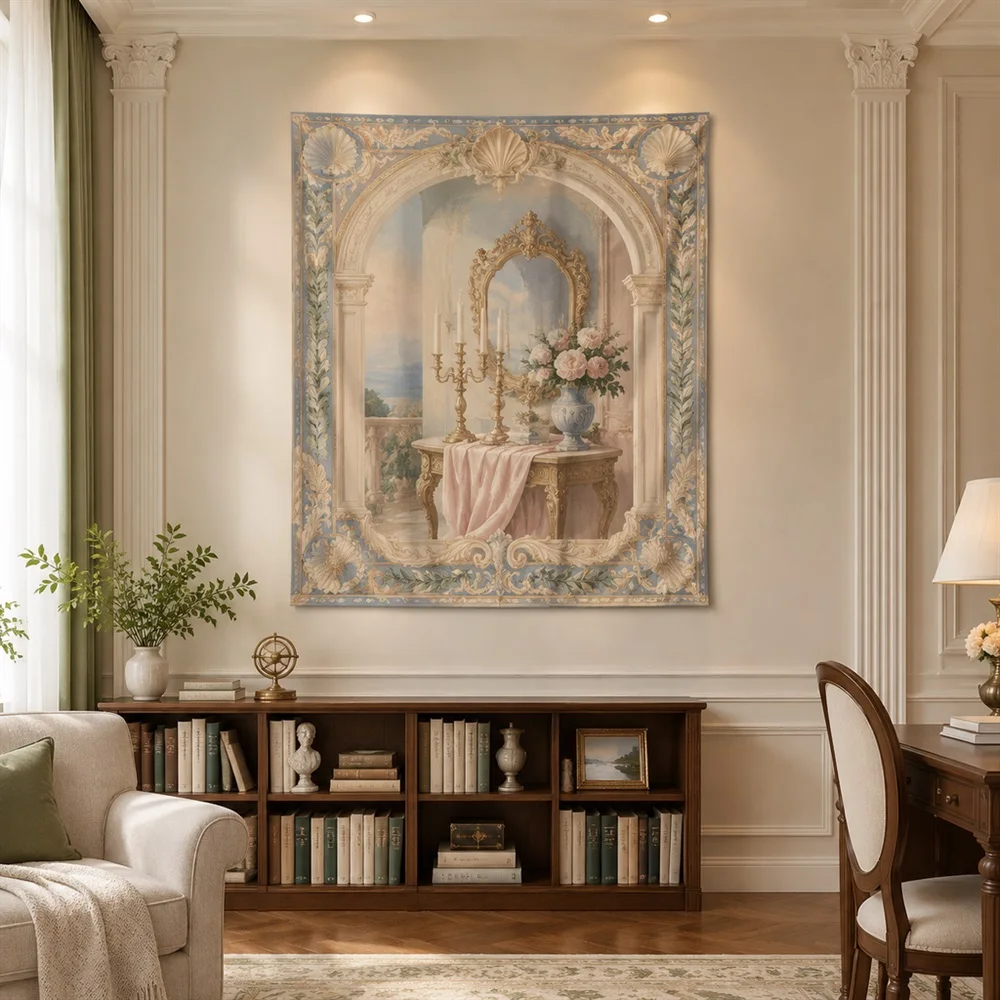 VIKAMA Candle and Mirror Still Life Framed Panel Tapestry Wall Hanging, Neoclassical Wall Decor Tapestries for Nursery Kids Room