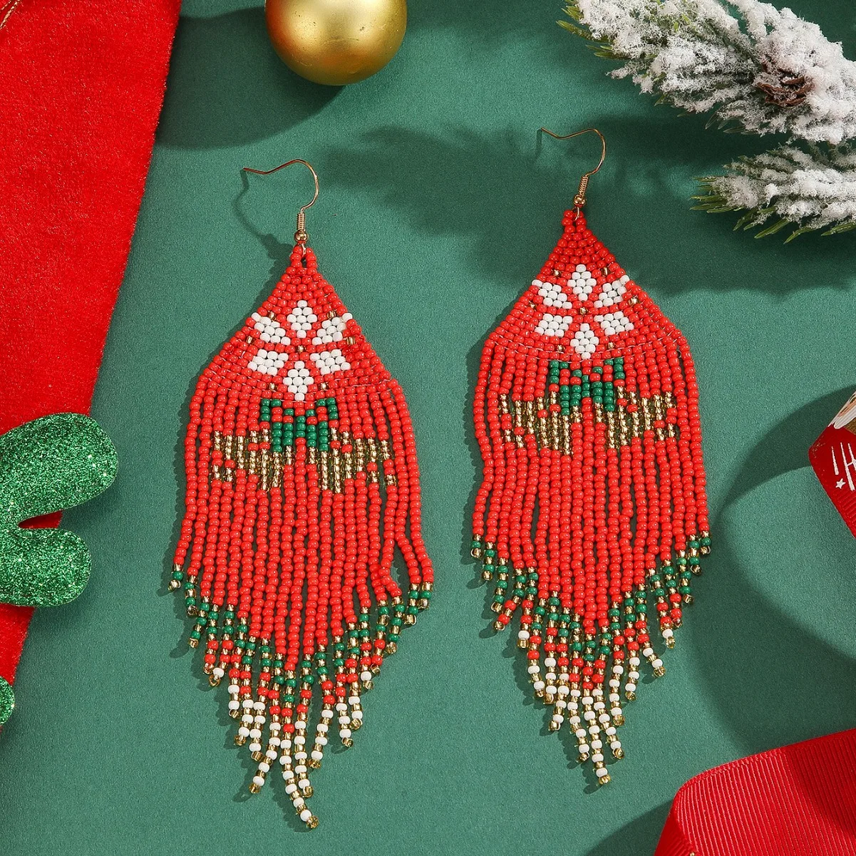 Rice bead earrings Tassel Originality Snowflake Design Christmas Hand knitting Bohemia Alloy Fashion Simple Beaded earrings