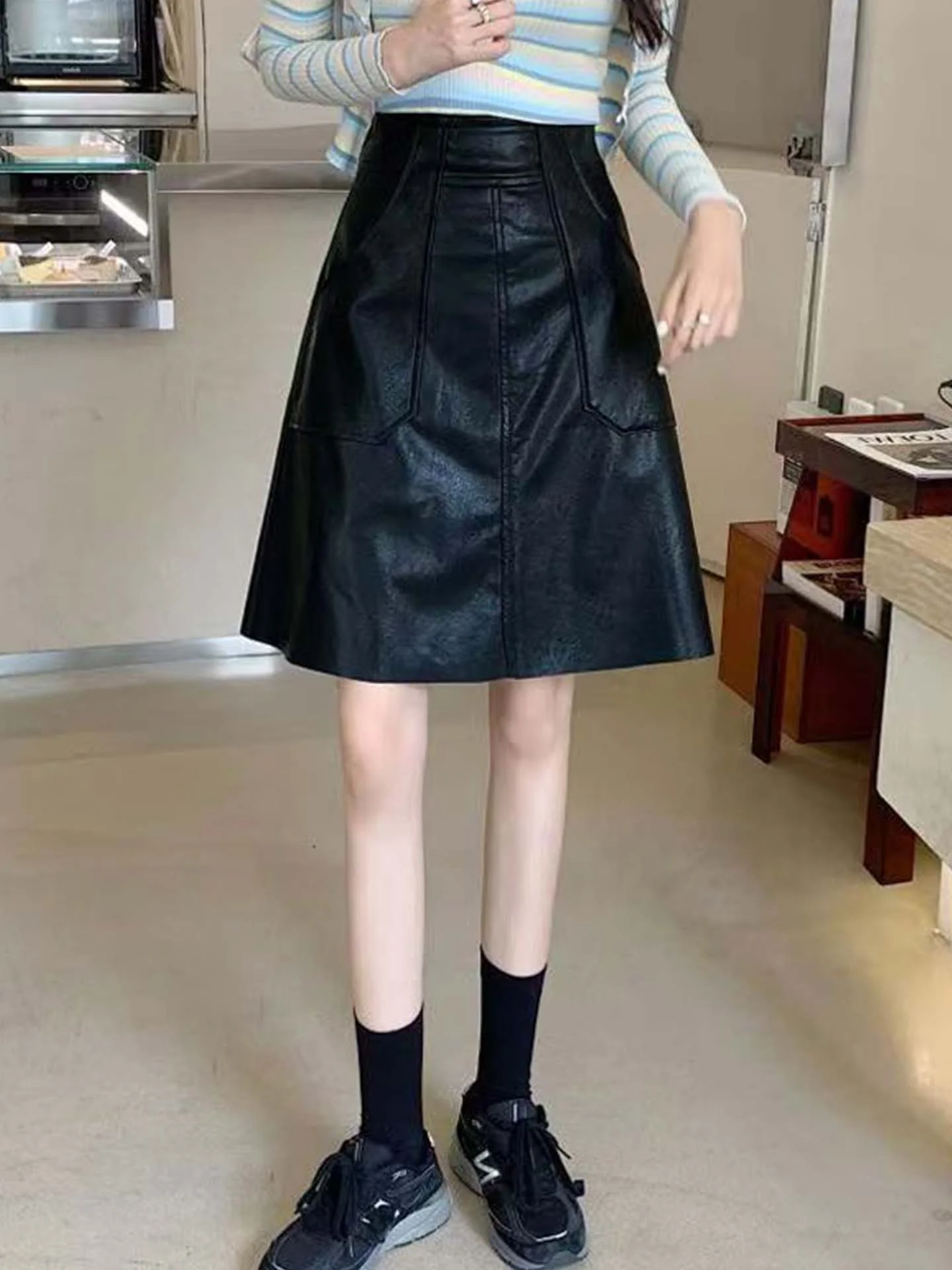 

High Waist PU Leather Skirt Women's A-Line Skirt Anti-Light Walking Skirt American Design Sensation Slimming Midi Skirt