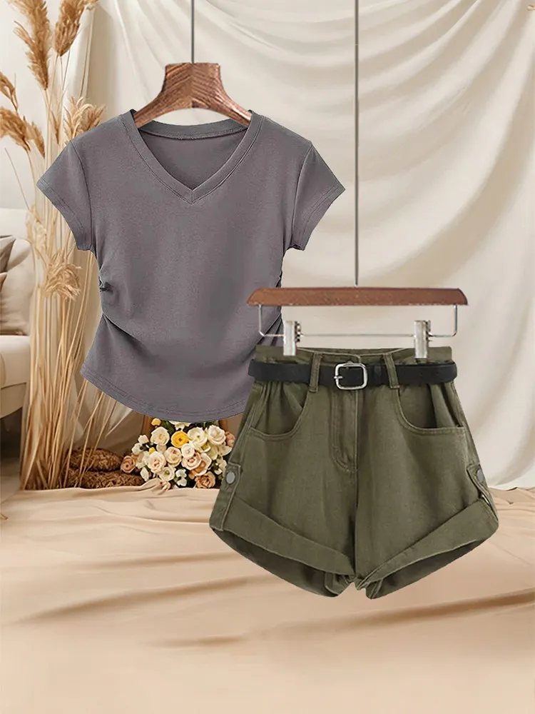 Summer Fashionable Women's Set Short Sleeve V-Neck T-Shirt Slimming Denim Shorts Two-Piece Suit Small Size Clothing Ensemble