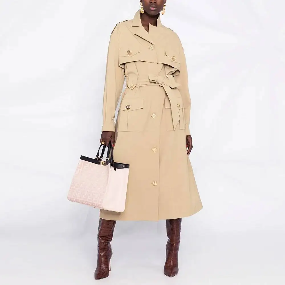 LEOSOXS Khaki High Quality Women's Windbreakers Spliced Single-breasted Long Loose With Belt Lapel Trench Coat 2025 Autumn Coats