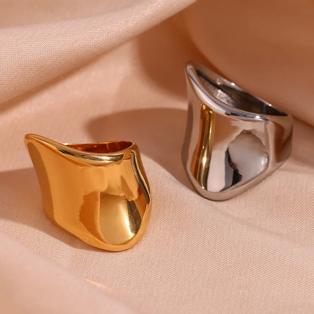 Chunky Wide Band Abstract Geometric Ring 18K Gold Silver Plated Stainless Steel Minimalist Statement Women Finger Jewelry