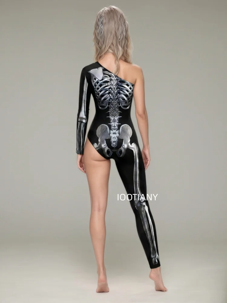 Gotischer Halloween-Skelett-Print-Bodysuit für Damen, One-Shoulder, einlanger Ärmel, asymmetrischer, enger Jumpsuit, Bühnen-Rave-Outfit – Detail 28