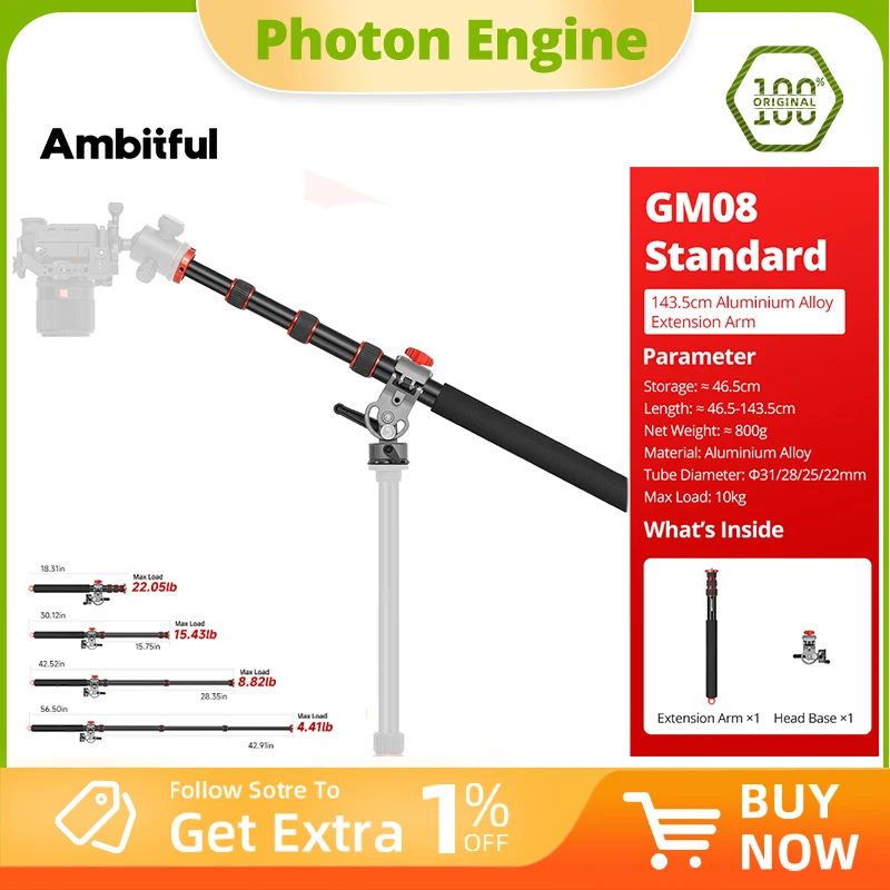 

AMBITFUL GM08 143.5cm Extension Arm With Heavy-Duty Clamp 1/4'' 3/8'' Screw Multi-Purpose Aluminium Alloy Boom Arm 2kg Max Load