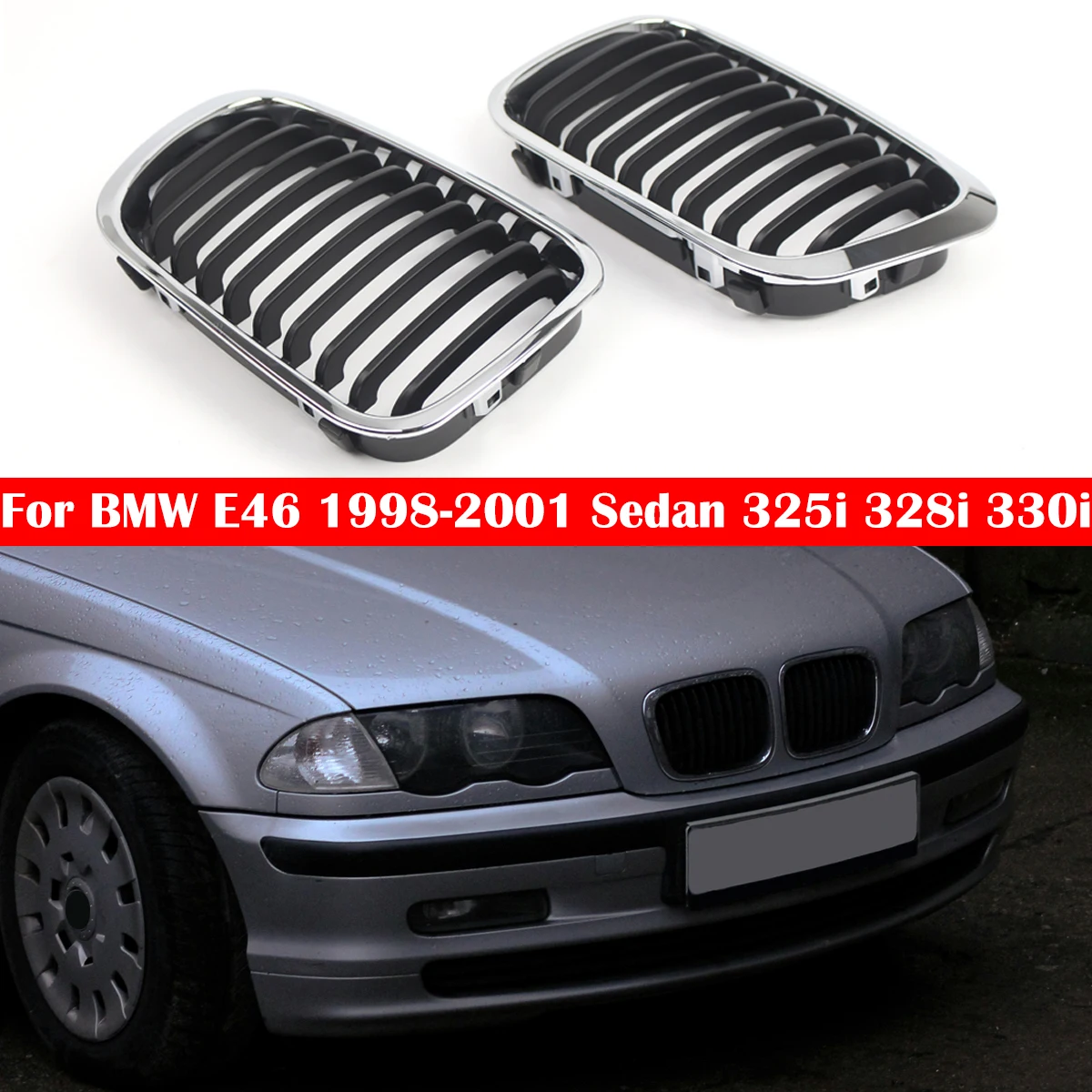 

Chrome Silver Front Bumper Kidney Grille Grill For BMW E46 Touring Saloon 1998-2001 4 Doors Grilles 51138208489 51138208490
