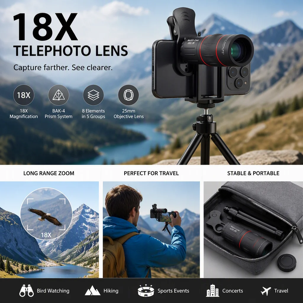 18x telephoto phone lens set, concert telephoto lens, outdoor rangefinder, telephoto lens