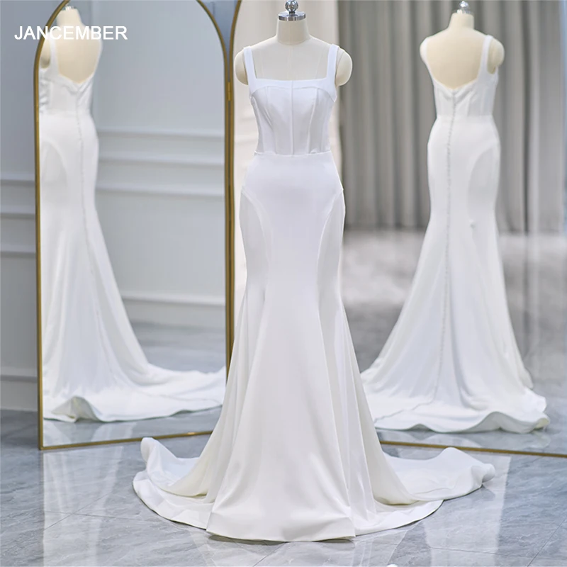 Vestidos de casamento perfeitos internacionais para mulheres 2024 noiva cetim gola quadrada botão a linha vestidos novias boda qd06179