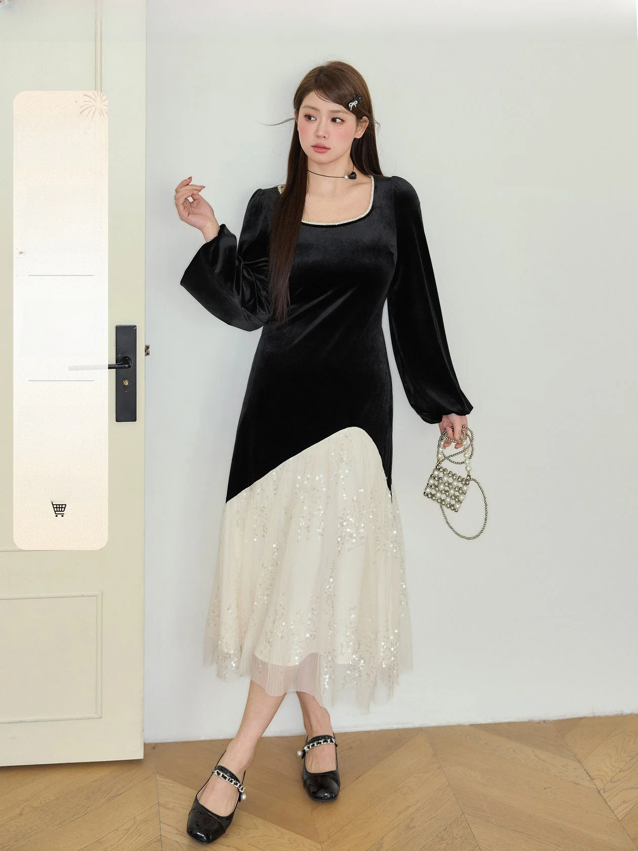 

Платье Jiulu Workop "Look Ba" больших размеров с бархатными вставками и пайетками для полных женщин, элегантное черное платье с длинными рукавами и квадратным воротником