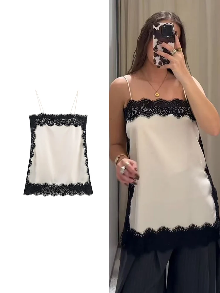 

TFMLN сексуальный кружевной топ на бретельках для женщин контрастного цвета без рукавов с разрезом по бокам, дизайнерские жилеты 2026 года, новые вечерние топы для отдыха
