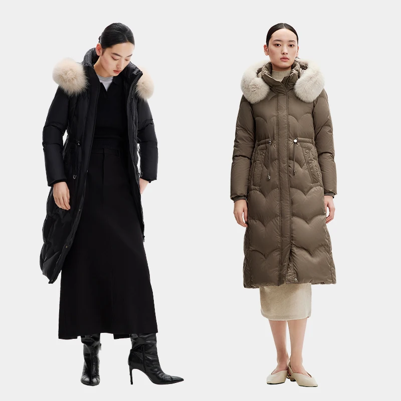 Chericom Winter Down Jacket Detachable Fox Fur Hood Trim Chevron Quilted Drawstring Multiple Pockets Padding Jackets Y299227B