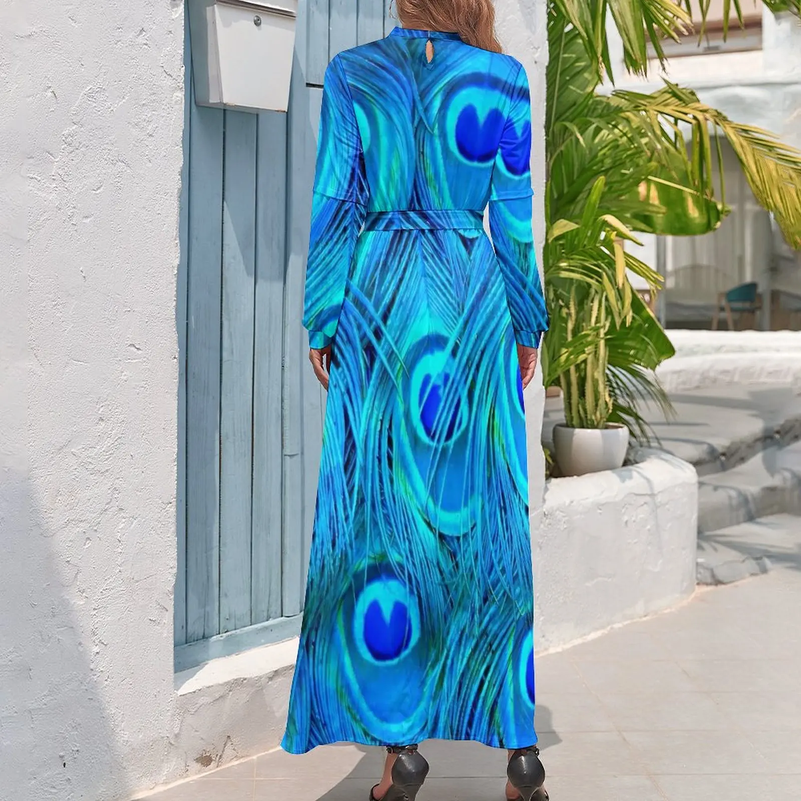 Peacock Feather Design Dress Blue Animal Street Style Boho Beach Dresses Women Long Sleeve High Waist Sexy Long Maxi Dress