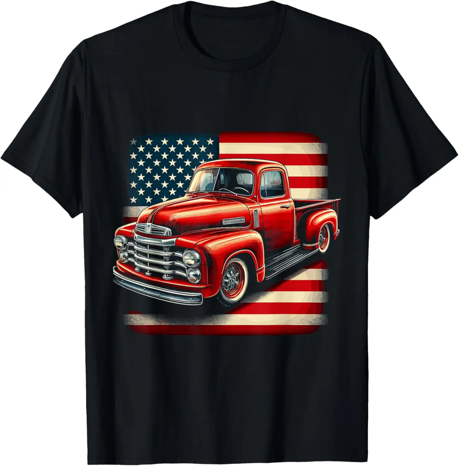 Classic Old Pickup Truck 4Th Of July Patriotic American Flag T-Shirt 100% Cotton Trendy Y2K Short-Sleeve Tee-Soft, Quick-Drying,