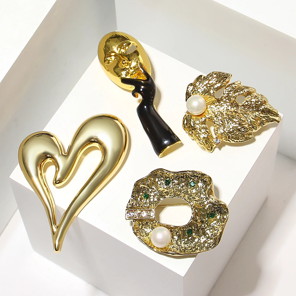 ALLYES Vintage Pearl Metal Brooches for Women Irregular Gold Color Leaves Enamel Hand Geometric Brooch Pins Accessories Gifts