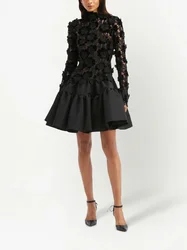 Customized Saudi Arabia High Neck Long Sleeve Floral Prom Dresses A-line 3D Lace Party Evening Dress Open Back Cocktail Dresses