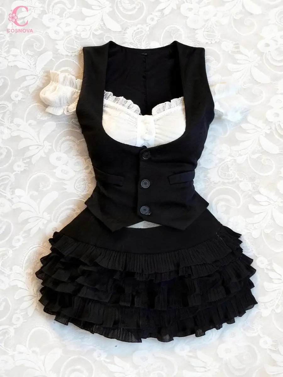 

2026 Spring New Vintage Sweet Vest Top High Waist Puffy Skirt Two Piece Set Women Elegant Slim Fit Korean Chic Outfits Female