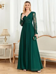 Lucyinlove-vestido luxuoso de chiffon feminino, tule verde, mangas compridas, festa de casamento, vestido maxi com fenda, baile formal, 2022