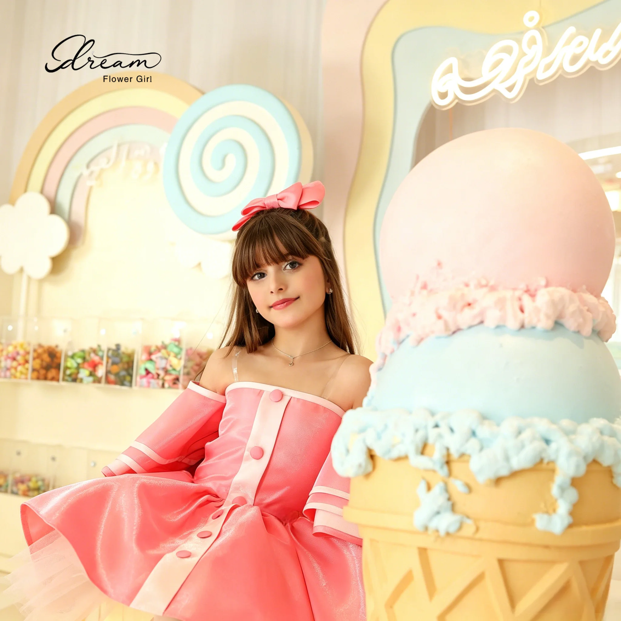 Pink knee-length formal party dress for girls featuring a flat collar short sleeves a full skirt and draped detailing