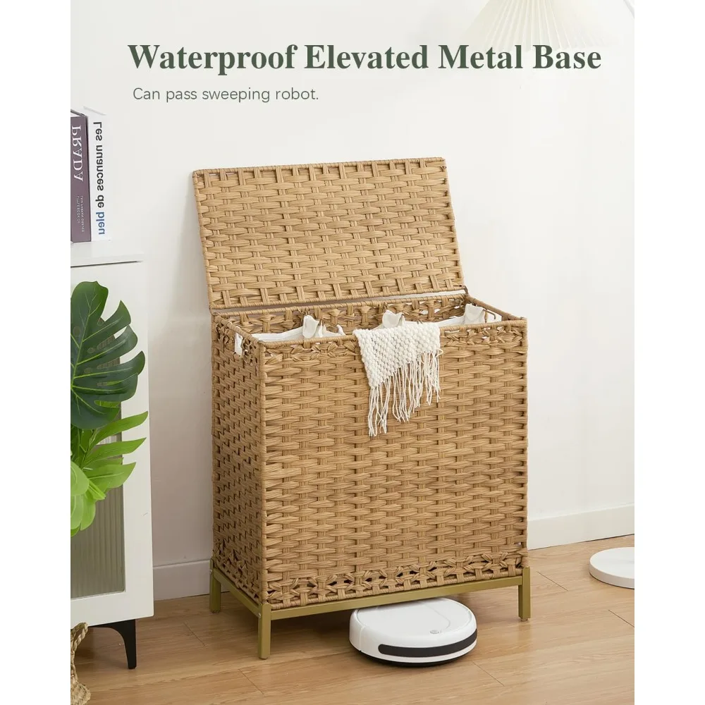 

Large 132L Rattan Laundry Hamper with Lid, Handwoven Basket with Removable Bags & Metal Feet for Home Organization