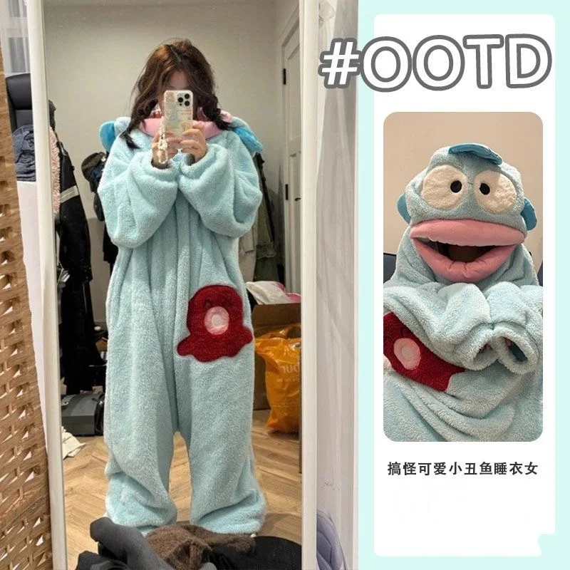 أنيمي شخصية Hangyodon مضحك قطعة واحدة منامة Kawaii تأثيري الملابس الفانيلا الدفء سميكة المرجان المخملية المنزل Clothin