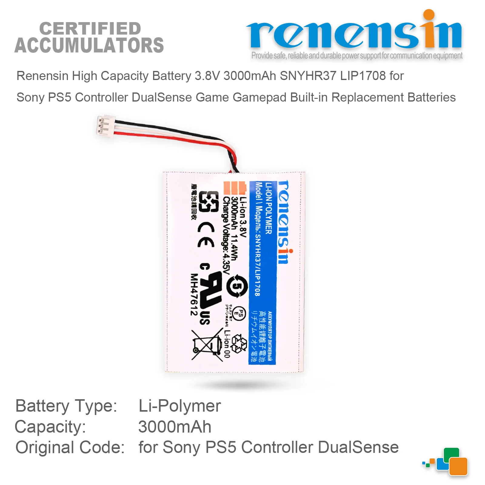 Renensin High Capacity Battery 3.8V 3000mAh SNYHR37 LIP1708 for Sony PS5 Controller DualSense Game Gamepad Built-in Replacement