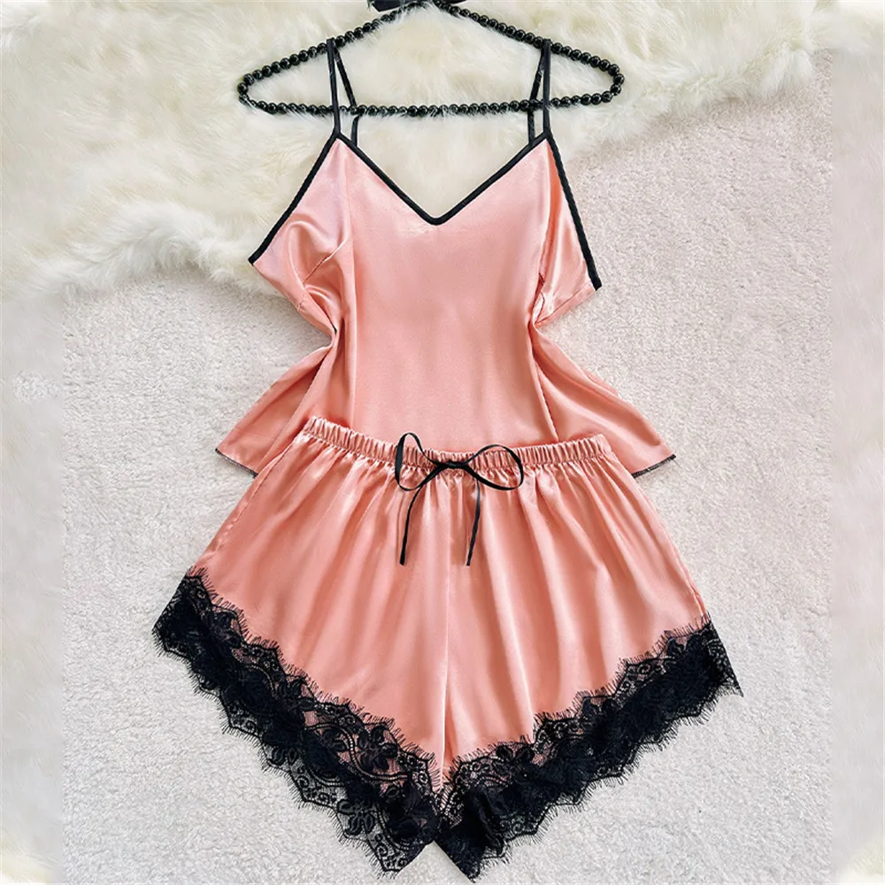 

Сексуальный пижамный комплект на подтяжках, одежда для сна, женская одежда для сна, шорты на бретельках с кружевной отделкой, пижамный костюм, шелковистая атласная домашняя одежда