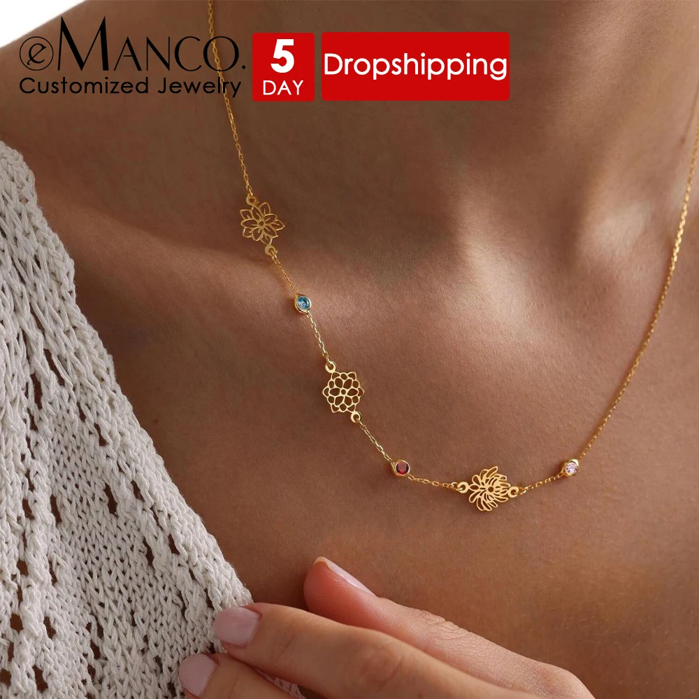 EMANCO  Customized Stainless Steel Botanical Flower Necklace Colorful Rhinestone Women's Fashion Necklaces Jewelry Holiday
