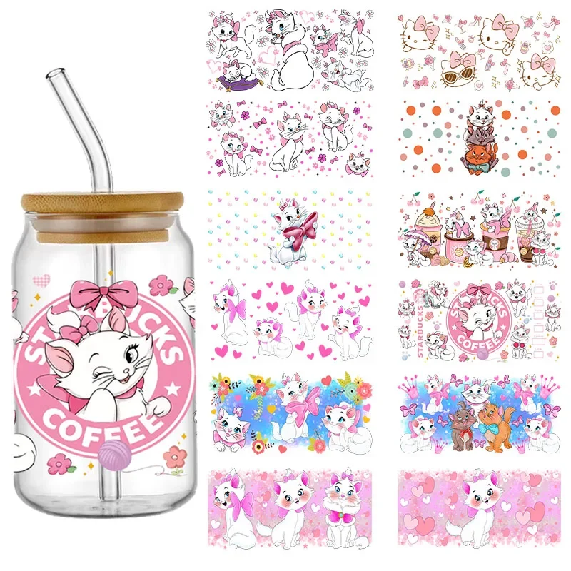 Disney Mary Cute Kawaii Cat UV DTF Cup Wrap Transfer Stickers For 16oz Glasses Libbey Can Self-adhesive Decals Custom Stickers