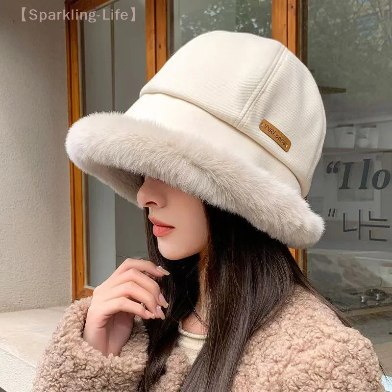 Minimalist Style Winter Women Plush Fisherman Cap Thick Fluffy Fur Panama Cap Fashionable Bucket Hat Windproof Warm Bonnet