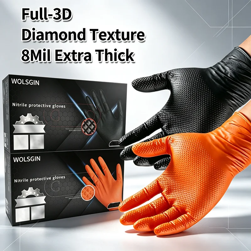 8 Mil Heavy Duty Industrial Disposable Nitrile Gloves Diamond Textured Tear-Resistant for Mechanic Safety & Work Glove