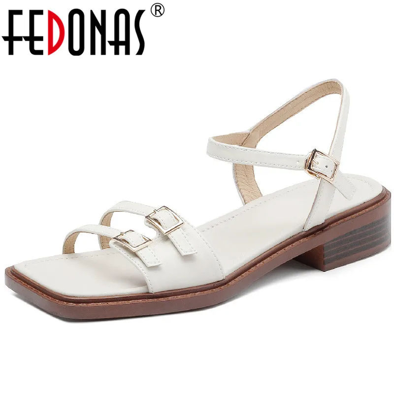 FEDONAS Summer Women Sandals Fashion Buckle Genuine Leather Low Heels Party Office Ladies Casual Shoes Woman 2024 New Arrival