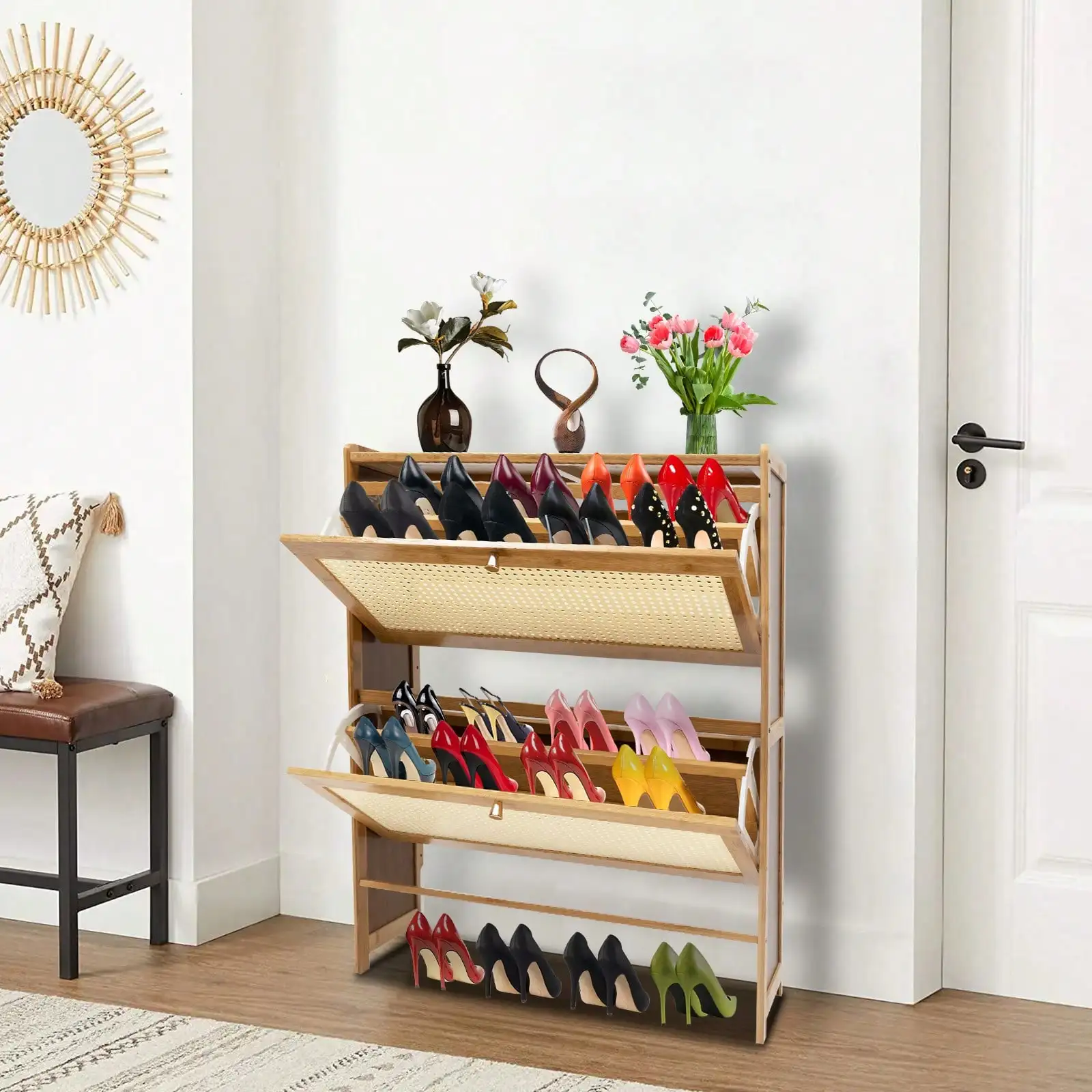 

Natural Rattan Shoe Cabinet W/ 2 Flip Drawers Modern Freestanding Hidden Shoe Organizer Cabinet For Entryway, Living Room