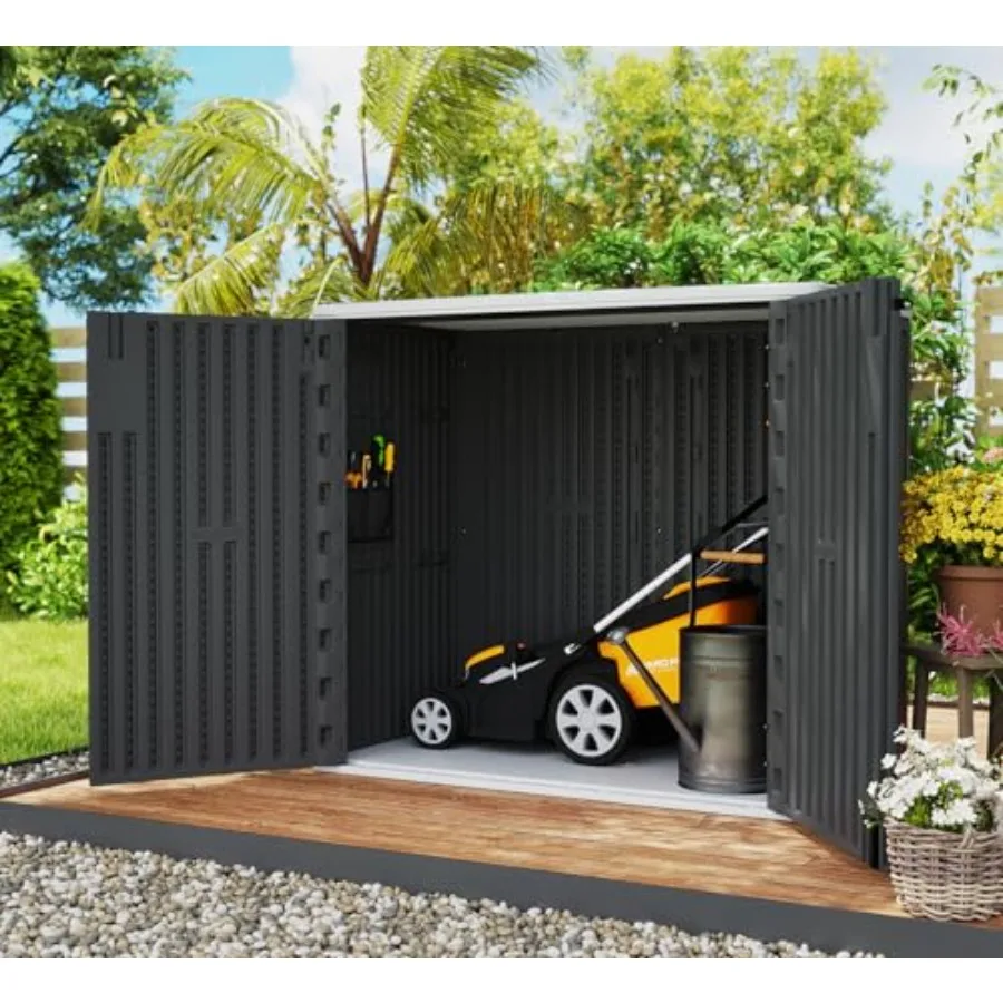 Outdoor storage shed for garden tools, garage cans, bikes, patio furniture: 37 cu.ft, HDPE double-wall resin, black, weatherpro