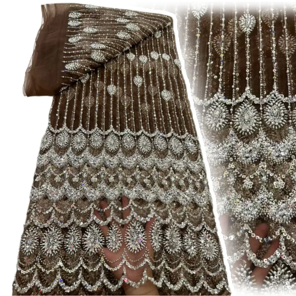 

New Style Groom Embroidery Beaded Lace Fabric 2026 High-End African Sequins Lace Fabric For Bridal Evening Dress Sewing 2712