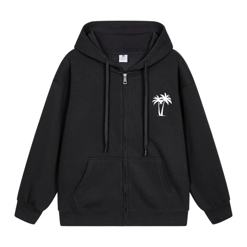 

Men's Zip-Up Hoodie White Palm Trees On Black 2025 New Style Casual Couples’ Style Casual and Loose