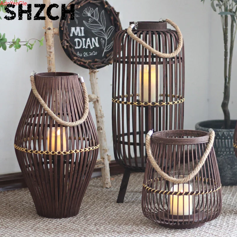 Wood bamboo Lantern Candle Holder Luxury Garden Nordic bird cage Hanging candle stick holder wedding Party Decor centerpieces