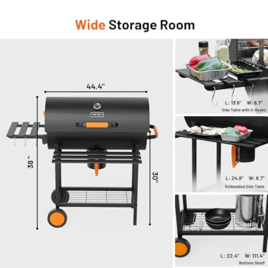 29-Inch Barrel Charcoal Grill with Heavy Duty Construction and Manual Rotisserie Meat Fork Featuring One Click Cleaning System