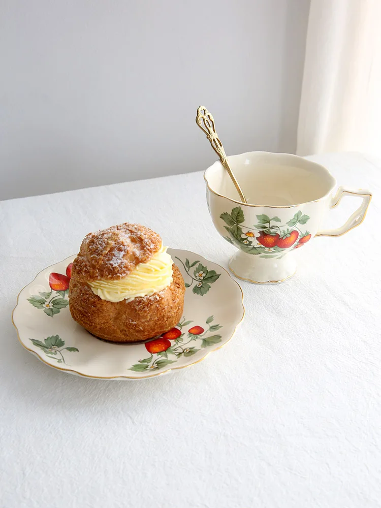 French Strawberry Teapot Coffee Cup and Saucer Set, Dessert Plate, Ceramic European Afternoon Tea for Party, Home Decoration