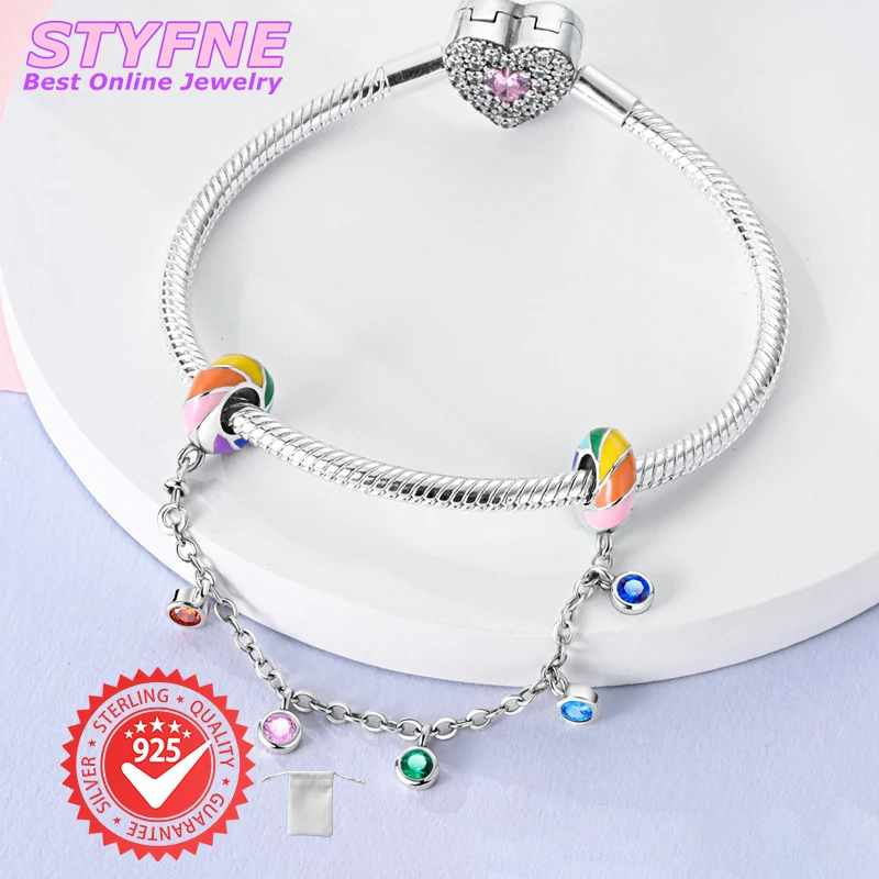 

925 Sterling Silver Colorful Safety Chain Geometric Line Beads Fit Pandora Original Bracelet Charms Beads Women's Jewelry Gift