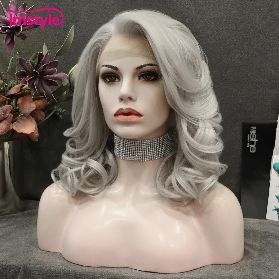 Imstyle Grey Synthetic Lace Front Wig Short Lace Fornt Wig Natural Wavy Wigs For Women Heat Resistant Fiber Cosplay Wigs