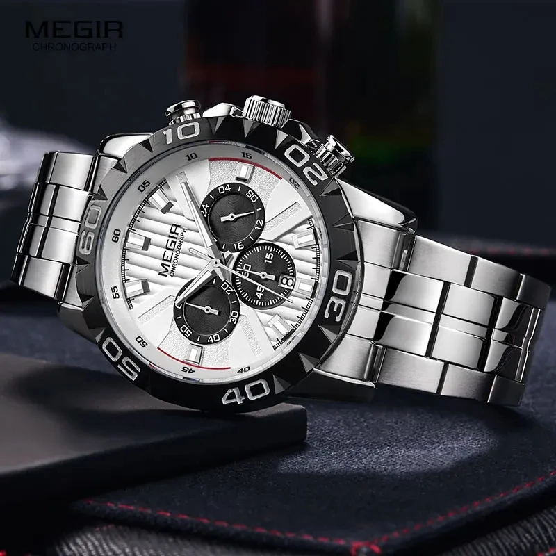 Fashion Megir 2087 Top Brand Men's Quartz Watches Luminous Chronograph Silvery Gold Full Stainless Steel Business For Male Clock