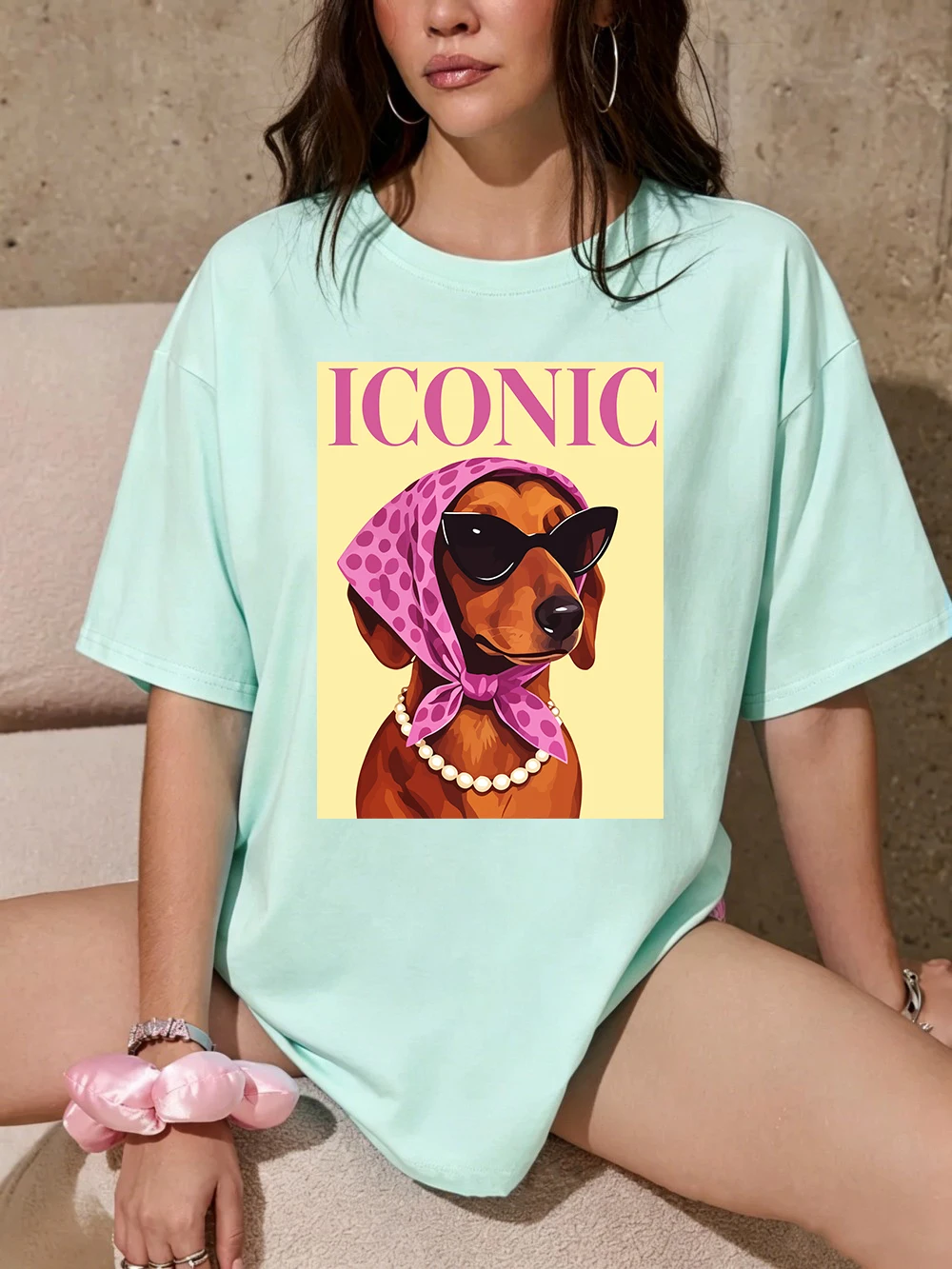 Ikonische Dackel-Prints, Baumwoll-T-Shirts für Damen, Sommer-Kurzarm-T-Shirts, O-Ausschnitt, weiche, übergroße Oberteile, einfache, bequeme Kleidung – Detail 16