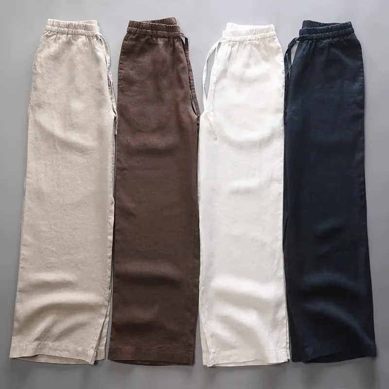 

Pure Linen Wide Leg Pants, Women's Cropped Pants, Elastic Waistband, Plus Size Straight Leg Pants, Summer Thin Fit, Relaxed Feel