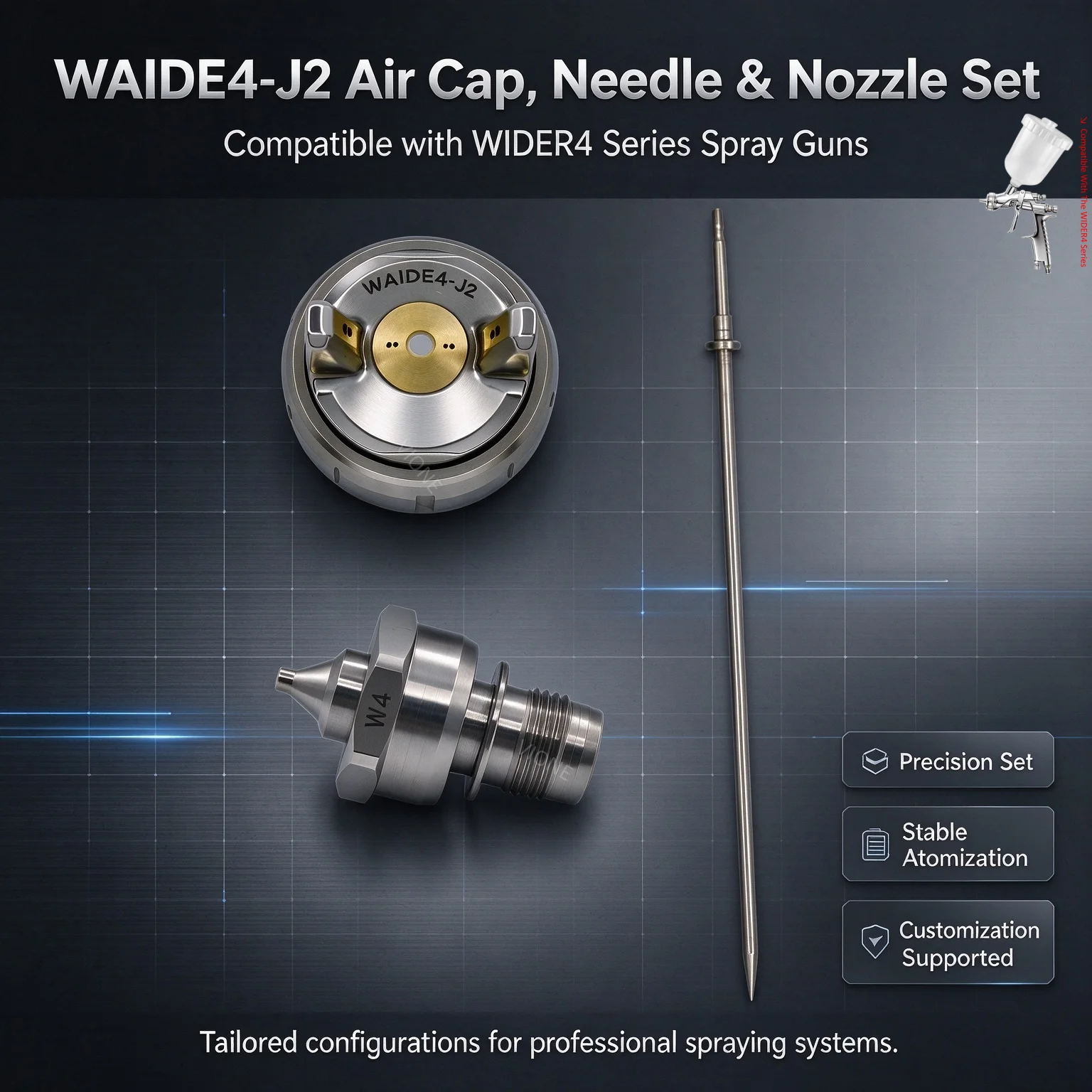 Furniture Spraying WAIDE4-J2 Air Cap, Needle & Nozzle Set OEM Replacement Compatible with the WIDER4 Series Japan Ready to Use